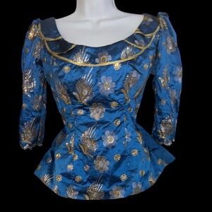 Elegant Blue and Gold  1980’s style silk floral blouse with puff 3/4 sleeves